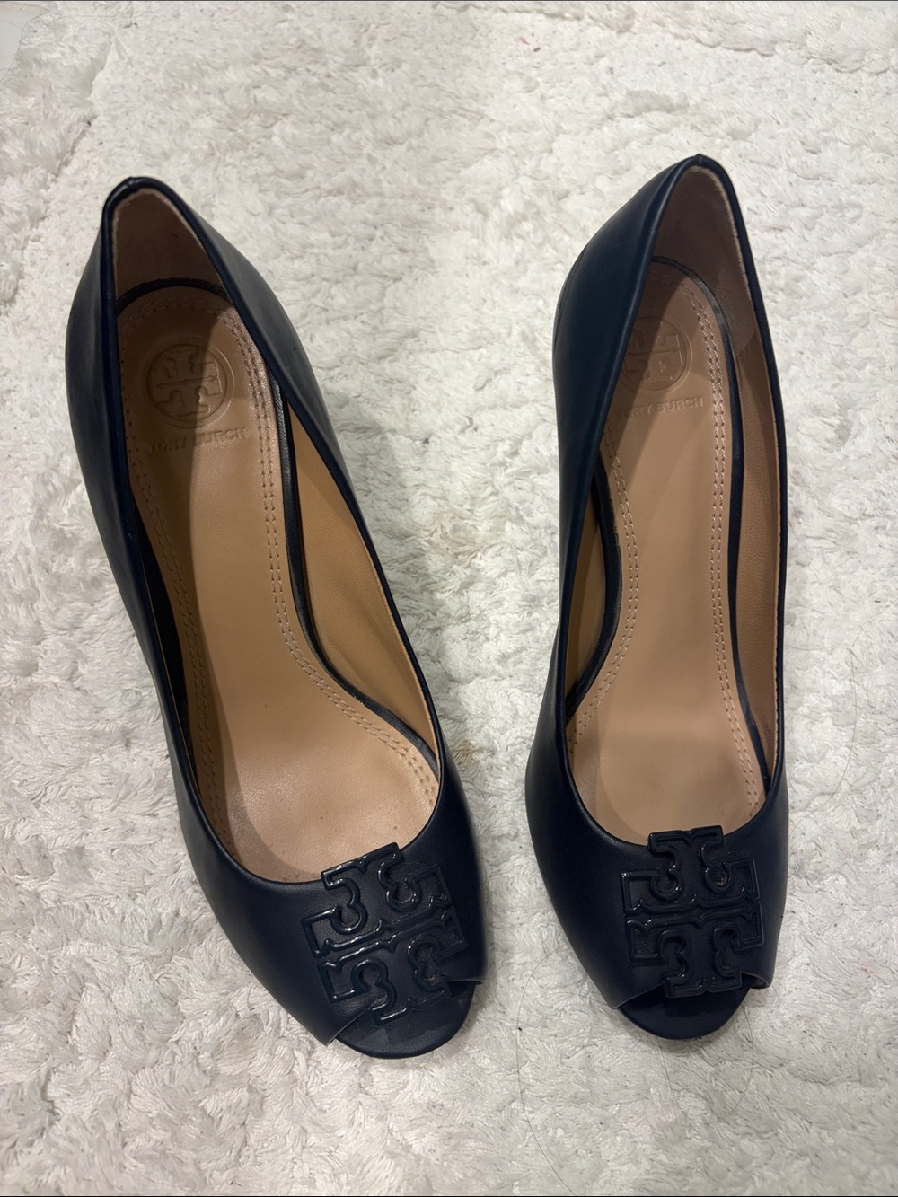 Tory Burch Navy Peep-Toe Logo Pumps